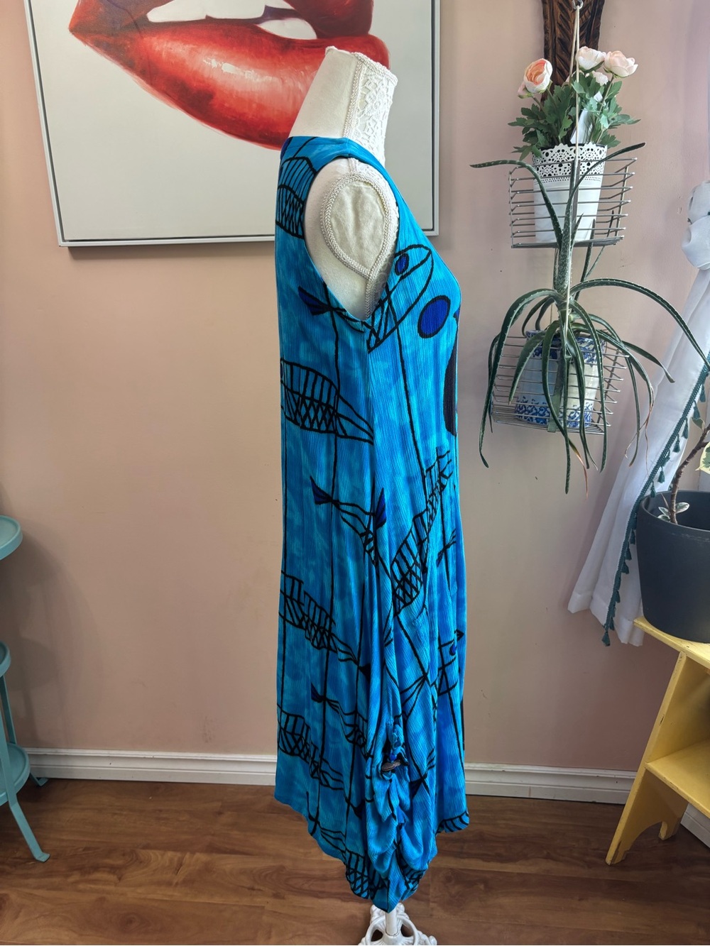 Vintage Bright Blue Sleeveless Maxi Dress with Fish Print - Picture 2 of 11